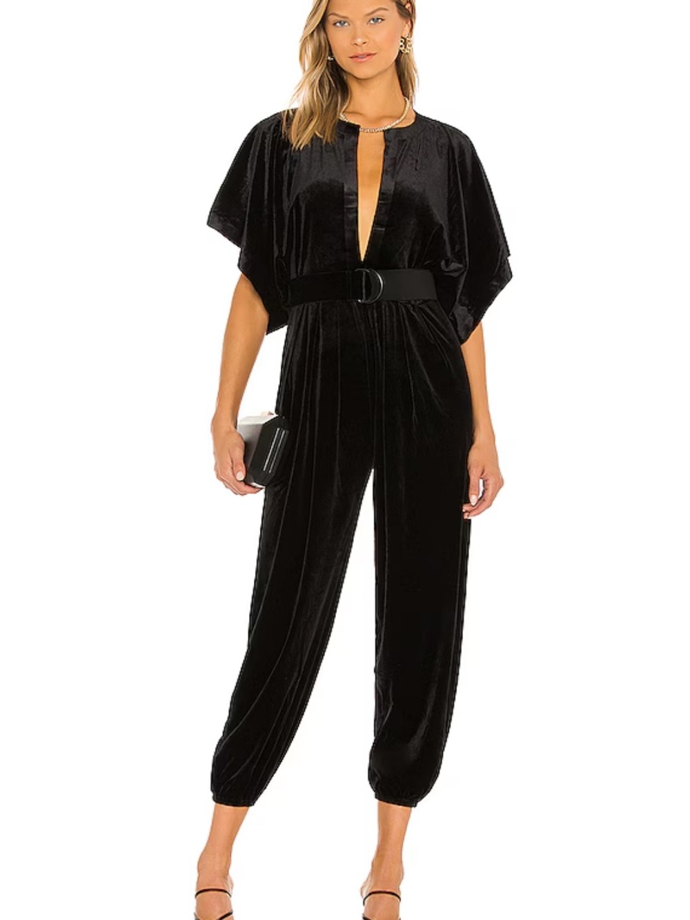 Norma Kamali Black Velvet Plunging Jumpsuit with Belt